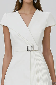 White Pleated A Line Short Semi Formal Dress with Cap Sleeves