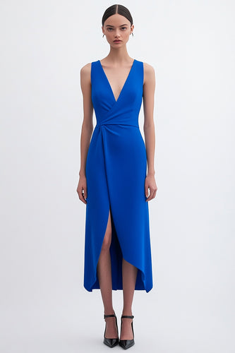 Royal Blue Bodycon Sleeveless Mid-Calf Semi Formal Dress with Slit