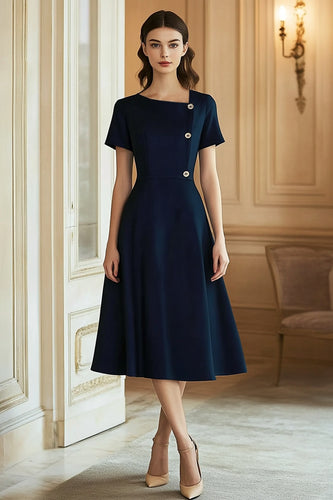 Navy A Line Midi Semi Formal Dress with Short Sleeves