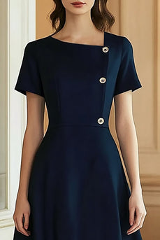 Navy A Line Midi Semi Formal Dress with Short Sleeves