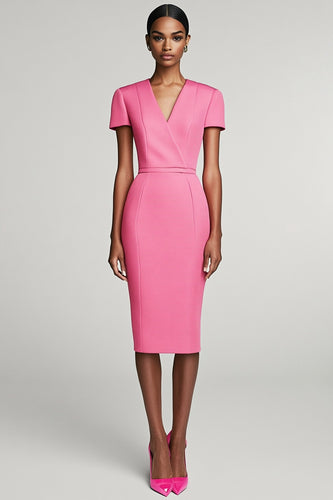 Pink Bodycon V-Neck Knee-Length Semi Formal Dress