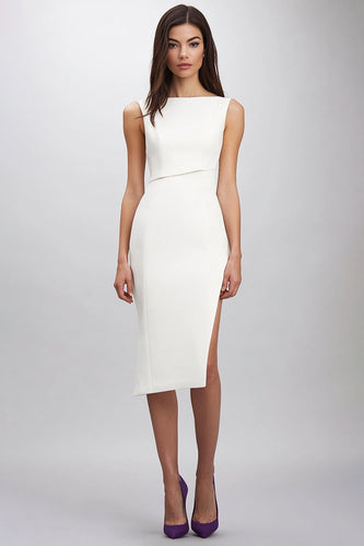 White Bodycon Bateau Neck Knee-Length Semi Formal Dress with Slit