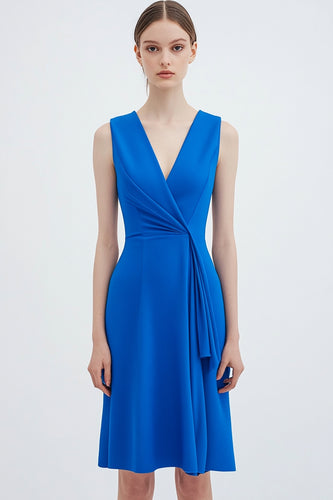 Royal Blue V-Neck Knee-Length Ruched Semi Formal Dress