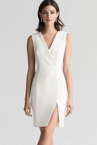 White V-Neck Bodycon Short Semi Formal Dress with Slit