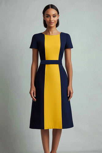 Navy Patchwork Boat Neck A Line Midi Cocktail Dress