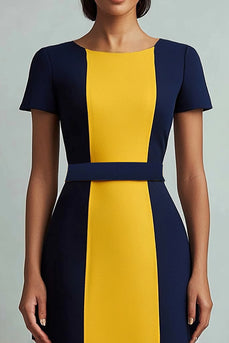 Navy Patchwork Boat Neck A Line Midi Cocktail Dress