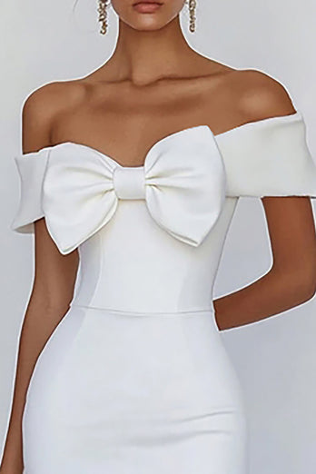 White Sheath Satin Off the Shoulder Mini Graduation Dress with Bowknot