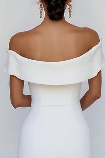 White Sheath Satin Off the Shoulder Mini Graduation Dress with Bowknot