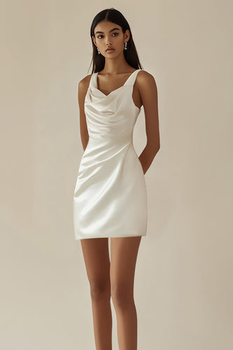 White Sheath Satin V-Neck Spaghetti Straps Short Graduation Dress