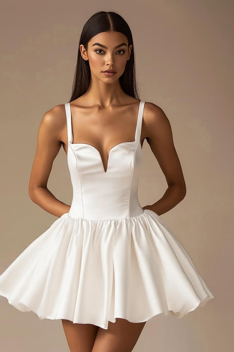 Load image into Gallery viewer, White A Line Satin V-Neck Spaghetti Straps Mini Graduation Dress