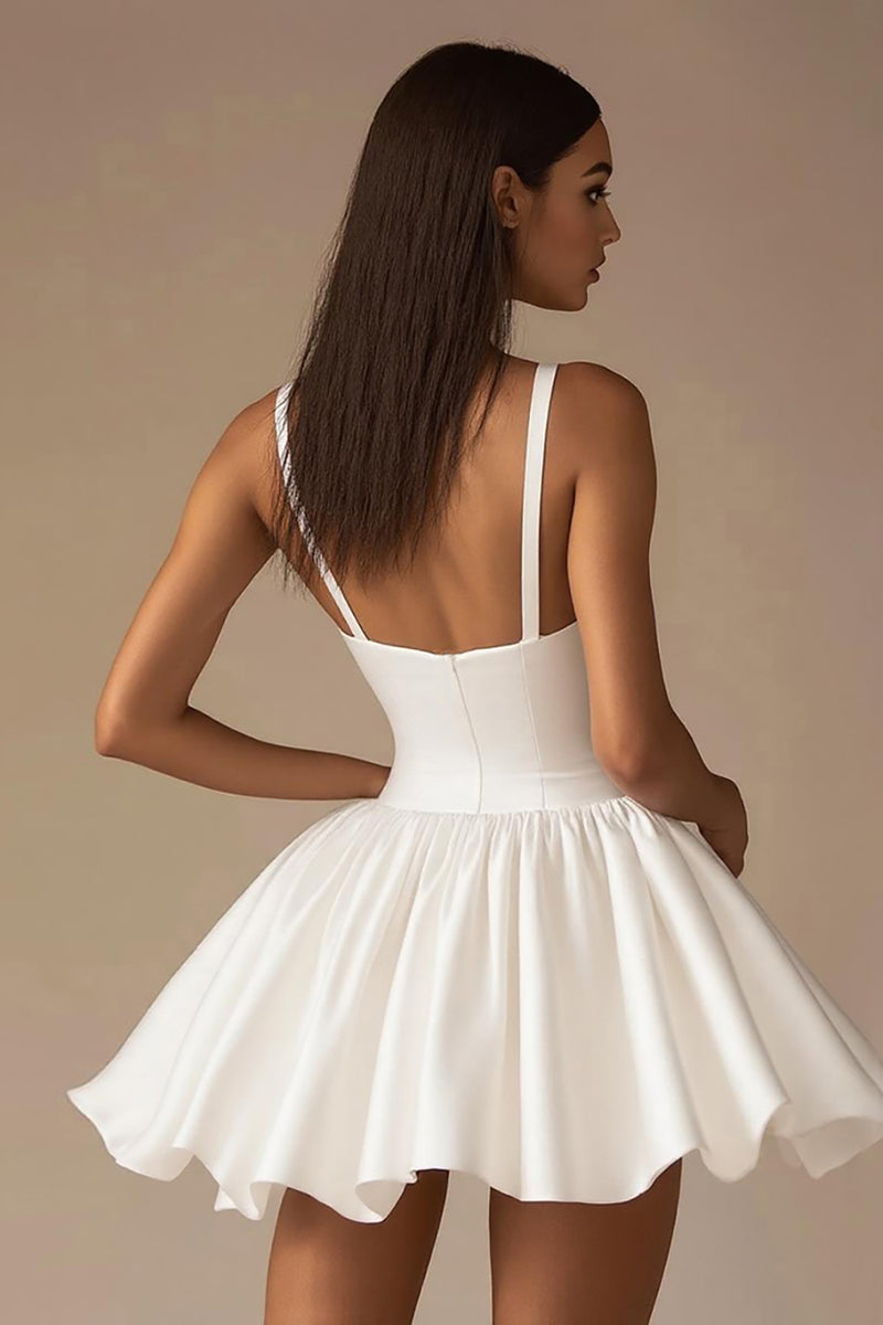 Load image into Gallery viewer, White A Line Satin V-Neck Spaghetti Straps Mini Graduation Dress