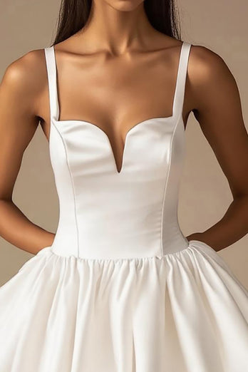 White A Line Satin V-Neck Spaghetti Straps Mini Graduation Dress