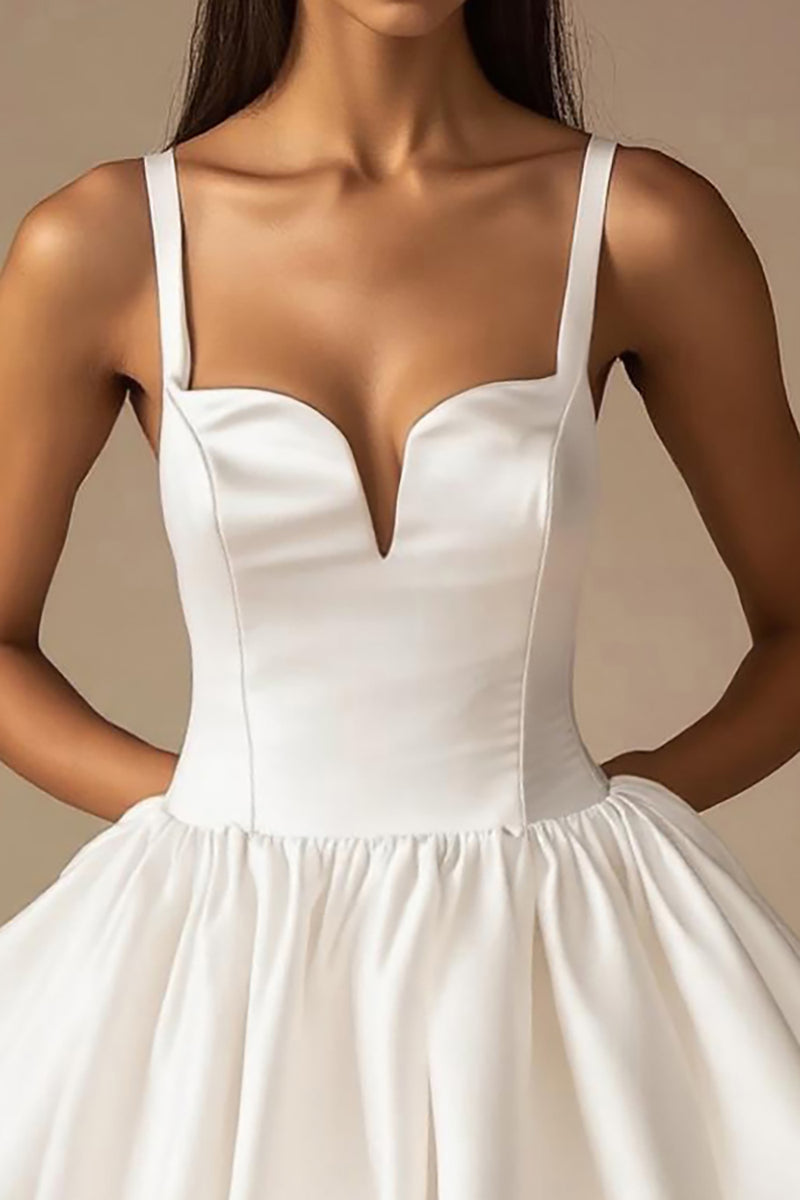 Load image into Gallery viewer, White A Line Satin V-Neck Spaghetti Straps Mini Graduation Dress