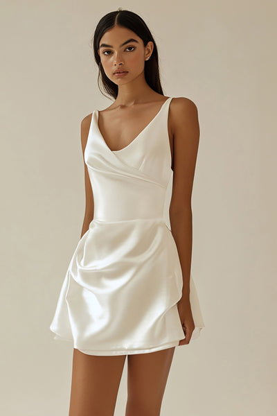 White Sheath Spaghetti Straps Satin Mini Graduation Dress