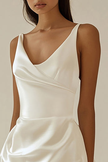 White Sheath Spaghetti Straps Satin Mini Graduation Dress