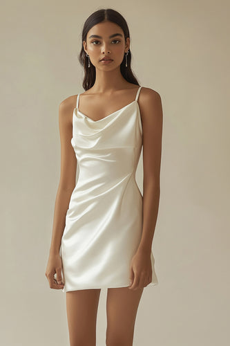 White Sheath Satin V-Neck Spaghetti Straps Mini Graduation Dress