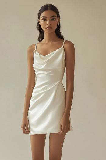 White Sheath Satin V-Neck Spaghetti Straps Mini Graduation Dress