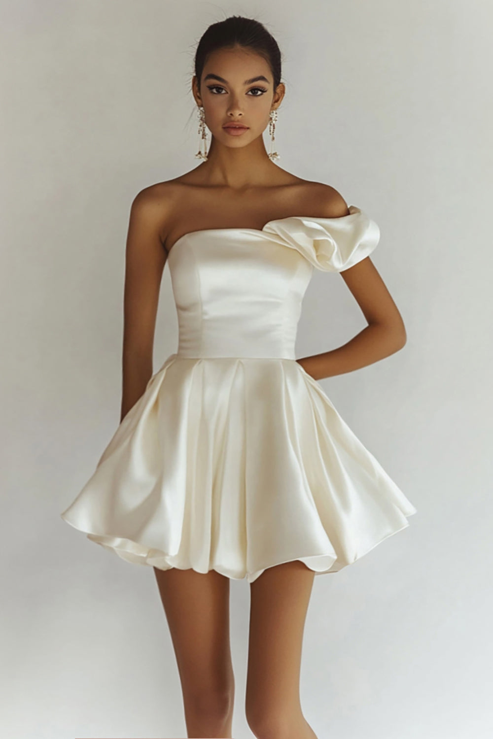 White A Line Satin One Shoulder Mini Graduation Dress with Ruffles