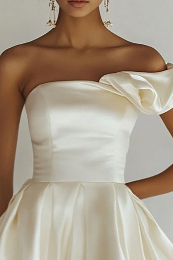 White A Line Satin One Shoulder Mini Graduation Dress with Ruffles