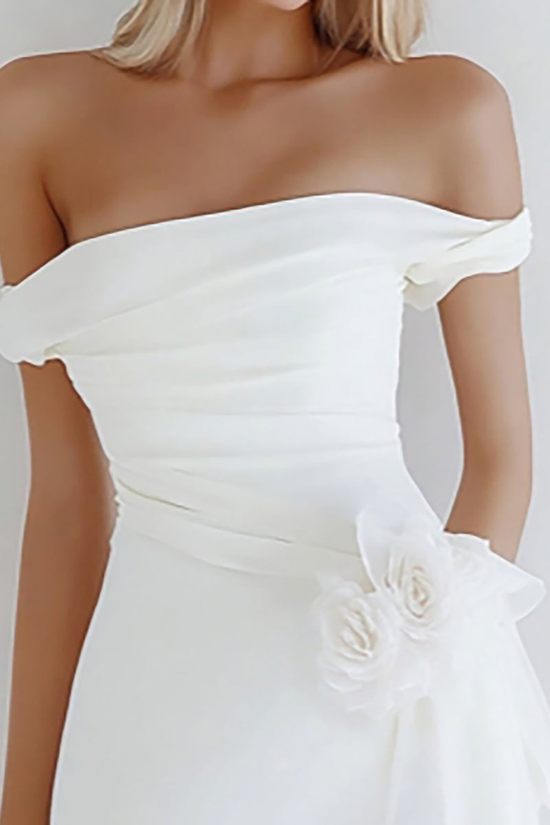 Load image into Gallery viewer, White Bodycon Satin Off the Shoulder Mini Graduation Dress