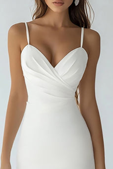 White Bodycon Satin Spaghetti Straps Midi Graduation Dress