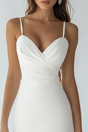 White Bodycon Satin Spaghetti Straps Midi Graduation Dress