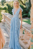 Load image into Gallery viewer, Sky Blue A Line Chiffon V-Neck Long Bridesmaid Dress with Ruffles