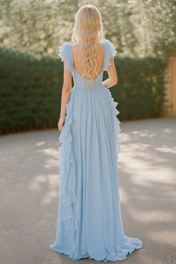 Sky Blue A Line Chiffon V-Neck Long Bridesmaid Dress with Ruffles