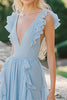 Load image into Gallery viewer, Sky Blue A Line Chiffon V-Neck Long Bridesmaid Dress with Ruffles