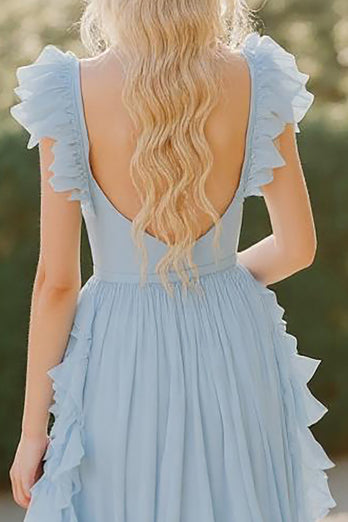 Sky Blue A Line Chiffon V-Neck Long Bridesmaid Dress with Ruffles