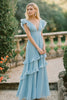 Load image into Gallery viewer, Sky Blue A Line Chiffon Deep V-Neck Long Bridesmaid Dress with Ruffles