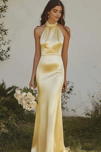 Light Yellow Sheath Halter Long Satin Bridesmaid Dress