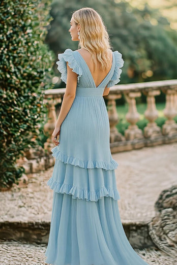 Sky Blue A Line Chiffon Deep V-Neck Long Bridesmaid Dress with Ruffles