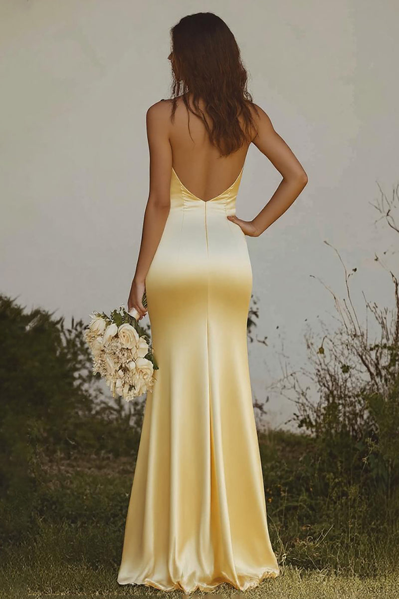 Load image into Gallery viewer, Light Yellow Sheath Halter Long Satin Bridesmaid Dress