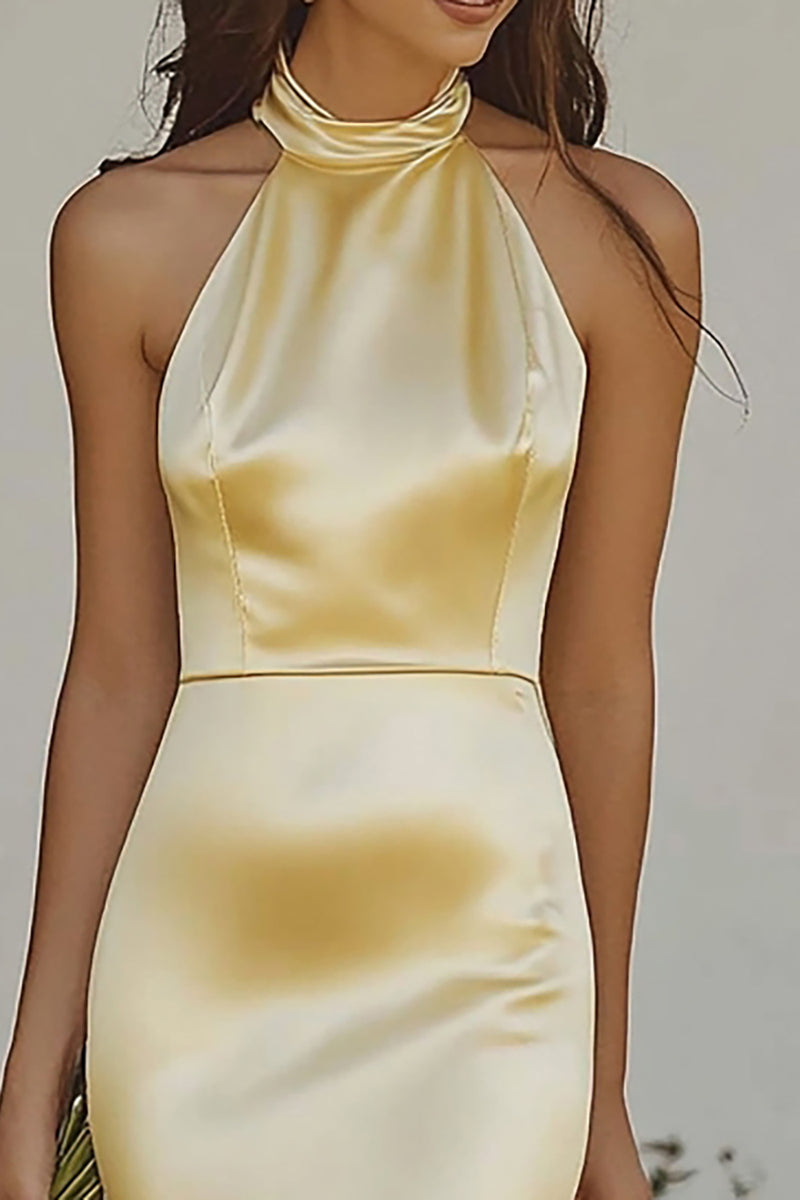 Load image into Gallery viewer, Light Yellow Sheath Halter Long Satin Bridesmaid Dress