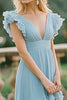 Load image into Gallery viewer, Sky Blue A Line Chiffon Deep V-Neck Long Bridesmaid Dress with Ruffles