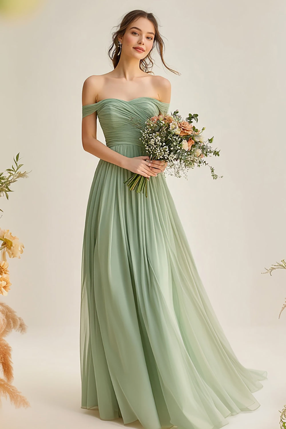 Dusty Sage A Line Tulle Off the Shoulder Long Bridesmaid Dress