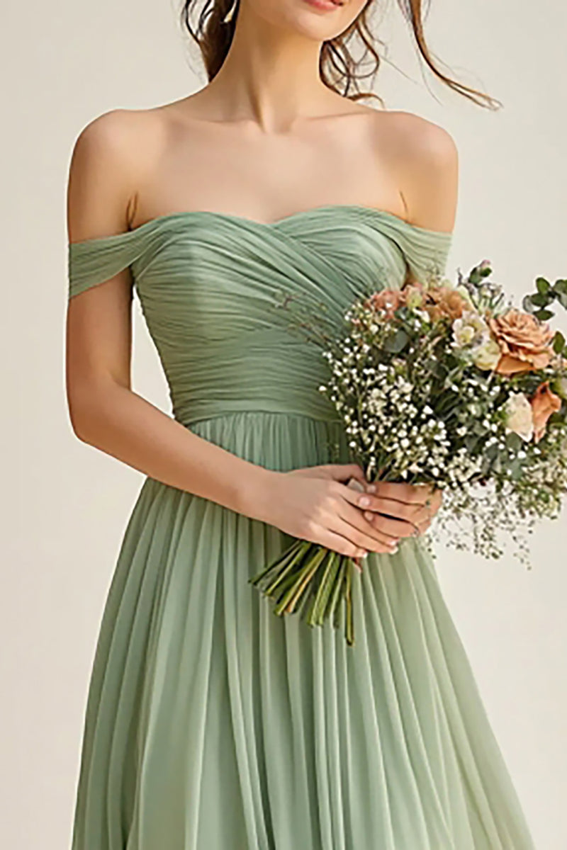 Load image into Gallery viewer, Dusty Sage A Line Tulle Off the Shoulder Long Bridesmaid Dress