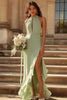 Load image into Gallery viewer, Dusty Sage Sheath Chiffon Halter Keyhole Long Bridesmaid Dress with Slit