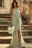 Load image into Gallery viewer, Dusty Sage Sheath Chiffon Halter Long Bridesmaid Dress with Ruffles