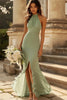 Load image into Gallery viewer, Dusty Sage Sheath Chiffon Pleated Halter Long Bridesmaid Dress