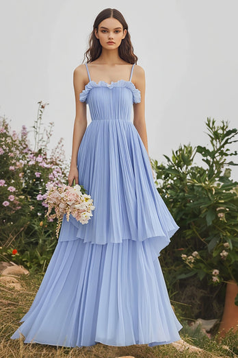 Light Blue A Line Chiffon Tiered Spaghetti Straps Long Bridesmaid Dress