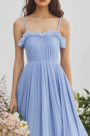 Light Blue A Line Chiffon Tiered Spaghetti Straps Long Bridesmaid Dress