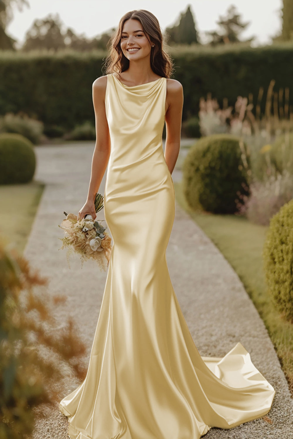 Daffodil Mermaid Satin Cowl Neck Long Bridesmaid Dress