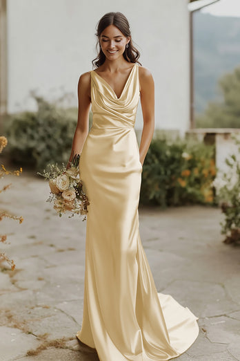 Daffodil Sheath Satin V-Neck Long Bridesmaid Dress