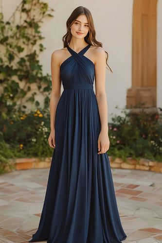 Navy A Line Pleated Chiffon Halter Long Bridesmaid Dress