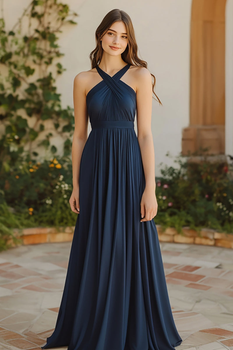 Load image into Gallery viewer, Navy A Line Pleated Chiffon Halter Long Bridesmaid Dress