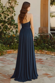 Navy A Line Pleated Chiffon Halter Long Bridesmaid Dress