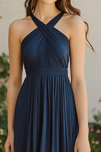 Navy A Line Pleated Chiffon Halter Long Bridesmaid Dress