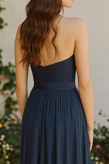 Navy A Line Pleated Chiffon Halter Long Bridesmaid Dress